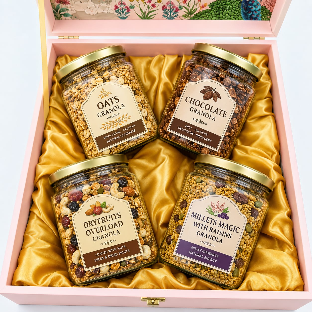 Four granola jars packed in a peacock-motif gift box