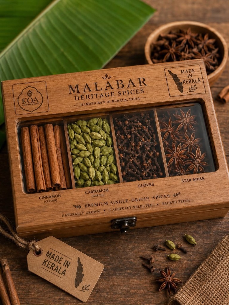 Premium wooden spice gift box with cinnamon, cardamom, cloves and star anise
