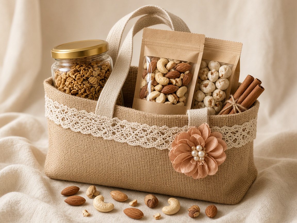 Jute tote gift hamper with granola jar and kraft pouches