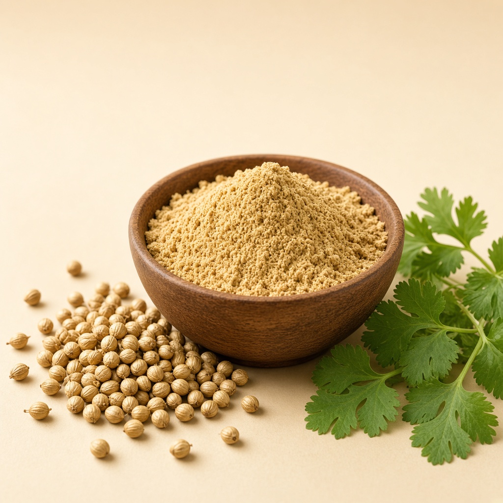Coriander powder with seeds and fresh leaves