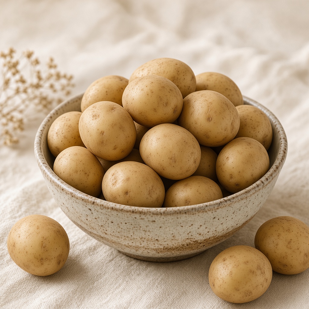 Fresh Indian potatoes in a ceramic bowl