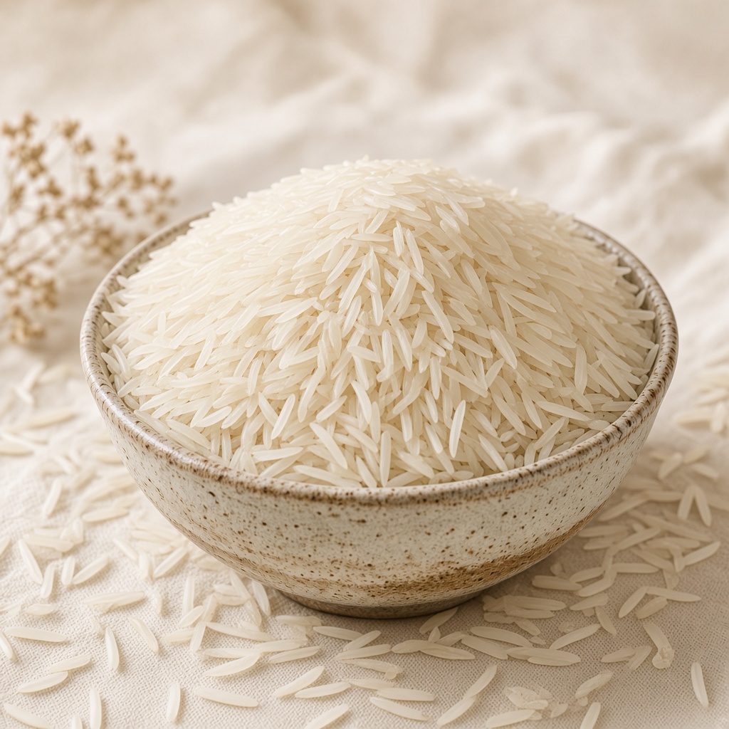 Premium Indian long-grain rice in a ceramic bowl