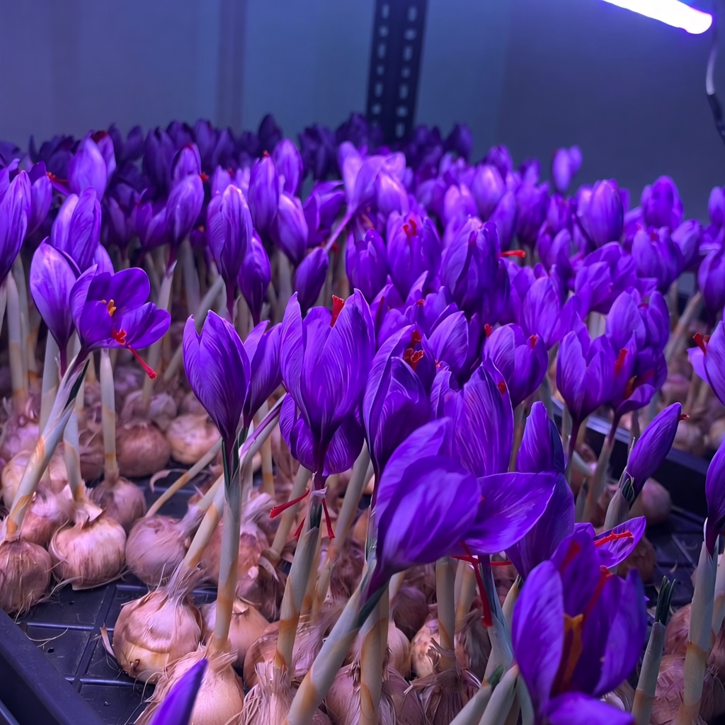 Dense purple saffron crocus blooms under grow lights