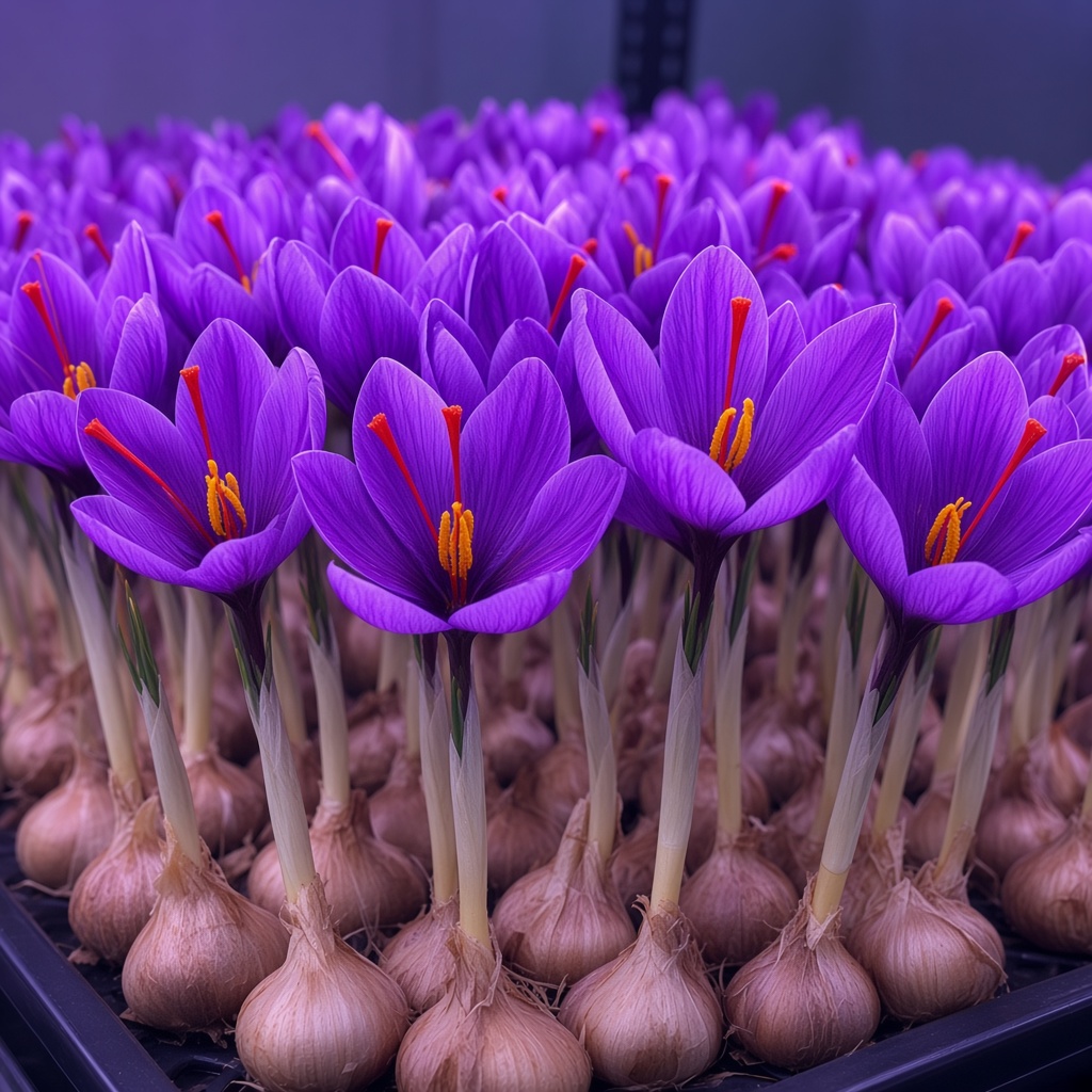 Blooming saffron flowers showing crimson stigmas