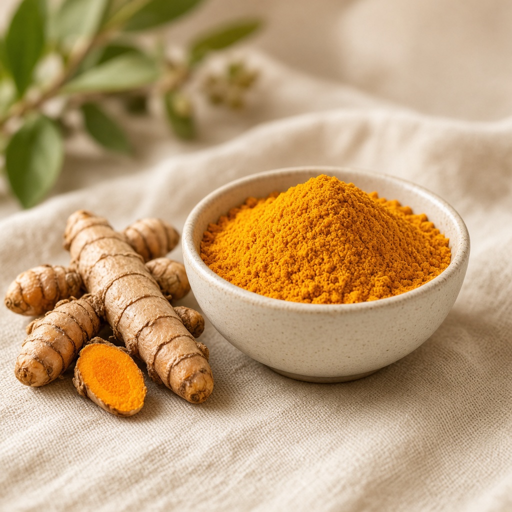Golden turmeric powder with fresh turmeric roots
